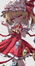 Rule 34 | 1girl, absurdres, ascot, blonde hair, blood, blood on hands, blush, closed mouth, crystal, feet out of frame, fingernails, flandre scarlet, hat, highres, kayon (touzoku), long hair, mob cap, nail polish, one side up, pointy ears, puffy short sleeves, puffy sleeves, red eyes, red nails, red skirt, red vest, shirt, short sleeves, skirt, solo, touhou, vest, white hat, white shirt, wings, yellow ascot