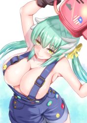 Rule 34 | 1girl, aqua hair, areola slip, arms up, badge, black gloves, blush, breasts, chainsaw, cleavage, collarbone, cosplay, fate/grand order, fate (series), gloves, gradient background, horns, karinaga raizan, kiyohime (fate), kiyohime (fate/grand order), kiyohime (swimsuit lancer) (fate), kiyohime (swimsuit lancer) (first ascension) (fate), large breasts, long hair, looking at viewer, low twintails, naked overalls, overall shorts, overalls, paul bunyan (fate), paul bunyan (fate) (cosplay), paul bunyan (third ascension) (fate), smile, solo, twintails, yellow eyes