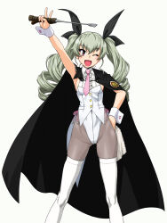 Rule 34 | 1girl, anchovy (girls und panzer), black pantyhose, blush, breasts, brown eyes, cape, covered navel, drill hair, girls und panzer, green hair, hair ribbon, hand on own hip, highres, leotard, long hair, looking at viewer, one eye closed, oosaka kanagawa, open mouth, pantyhose, ribbon, riding crop, sideboob, simple background, small breasts, smile, solo, thighhighs, twin drills, white background, white leotard, white thighhighs