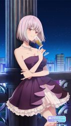Rule 34 | 1girl, absurdres, against wall, bare shoulders, bow, breasts, champagne flute, cleavage, collar, cup, dress, dress bow, drinking glass, feet out of frame, game cg, gridman universe, highres, holding, holding cup, large breasts, night, official art, pink hair, purple bow, purple dress, red eyes, shinjou akane, short hair, sky, solo, ssss.gridman, star (sky), starry sky