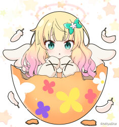 Rule 34 | 1girl, :o, blonde hair, blush, bow, broken egg, commentary request, egg, eggshell, feathered wings, feathers, flower, gochuumon wa usagi desu ka?, gradient hair, green bow, green eyes, hair bow, hair flower, hair ornament, halo, hands up, kirima syaro, long hair, looking at viewer, mitya, multicolored hair, parted lips, purple hair, simple background, solo, star (symbol), starry background, tears, white background, white feathers, white flower, white wings, wings