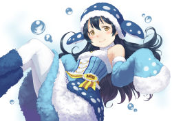 Rule 34 | 1girl, animal costume, animal hat, armpit peek, bare shoulders, blue hair, blush, bubble, commentary request, detached sleeves, eichisu, feet out of frame, floating, fur trim, hat, long hair, looking at viewer, love live!, love live! school idol festival, love live! school idol project, pantyhose, simple background, smile, solo, sonoda umi, very long sleeves, whale shark, white pantyhose, yellow eyes