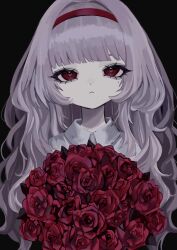 Rule 34 | 1girl, :&lt;, black background, blunt bangs, bouquet, closed mouth, eyelashes, flower, highres, holding, holding bouquet, long hair, looking at viewer, mole, mole under eye, original, purple hair, red eyes, red flower, red rose, rose, shiona (siona0625), simple background, solo, straight-on, upper body, wavy hair