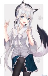 Rule 34 | 1girl, absurdres, animal ear fluff, animal ears, artist name, beret, black hat, black pantyhose, blue skirt, blush, border, braid, collarbone, commentary request, fang, fox ears, fox girl, fox shadow puppet, fox tail, green eyes, hair between eyes, hat, highres, hololive, knee up, long hair, long sleeves, looking at viewer, open mouth, pantyhose, paw print, shirakami fubuki, shirakami fubuki (street), shirt, sidelocks, single braid, skin fang, skirt, surrender (surren2019), tail, very long hair, virtual youtuber, white hair, white shirt, wide sleeves