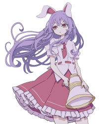 Rule 34 | 1girl, absurdres, animal ears, blouse, cowboy shot, eyebrows hidden by hair, frilled skirt, frills, highres, holding, kame (kamepan44231), long hair, looking away, lunatic gun, pink skirt, puffy short sleeves, puffy sleeves, purple hair, rabbit ears, red eyes, reisen udongein inaba, shirt, short sleeves, simple background, skirt, solo, touhou, very long hair, white background, white shirt