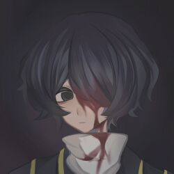 Rule 34 | 1boy, black hair, black jacket, blood, blood in hair, blood on clothes, blood on face, chinese commentary, closed mouth, commentary request, eyebrows hidden by hair, hair over one eye, jacket, male focus, portrait, saibou shinkyoku, shirt, short hair, solo, stole, utsugi noriyuki, white shirt, xieciyue