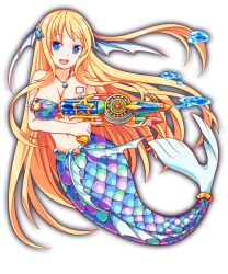 Rule 34 | 1girl, amulet, anime coloring, aqua pupils, aqua tail, artist request, bare arms, bare shoulders, beads, bikini, blonde hair, blue bikini, blue eyes, blue outline, breasts, bright pupils, cleavage, collarbone, crash fever, facing viewer, fins, fish tail, full body, game cg, gold necklace, happy, head fins, holding, holding water gun, jewelry, large breasts, long hair, looking at viewer, mermaid, mermaid (crash fever), monster girl, multicolored bikini, multicolored clothes, navel, necklace, number tattoo, numbered, official art, open mouth, outline, red outline, sidelocks, solo, square, square tattoo, straight hair, swimsuit, tachi-e, tail, tattoo, teeth, third-party source, tongue, transparent background, upper teeth only, very long hair, very long sidelocks, water drop, water gun