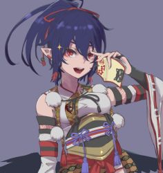 Rule 34 | 1girl, bare shoulders, black hair, book, bow, breasts, detached sleeves, eyebrows, hair ornament, hair tie, japanese clothes, kumonji aruto, looking at viewer, open mouth, pointy ears, ponytail, red eyes, shameimaru aya, small breasts, smile, solo, tassel, teeth, tongue, touhou, wings