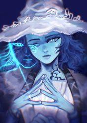 Rule 34 | 1girl, blue eyes, blue hair, blue skin, cloak, closed mouth, colored skin, cracked skin, doll joints, dress, elden ring, extra arms, extra faces, fur cloak, hat, highres, joints, long hair, looking at viewer, one eye closed, own hands together, ranni the witch, sethkiel, solo, white dress, witch, witch hat