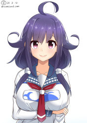 Rule 34 | 1girl, ahoge, animal print, blue sailor collar, breasts, commentary request, dated, fish print, hair flaps, kantai collection, large breasts, low twintails, magatama, neckerchief, one-hour drawing challenge, purple hair, red eyes, red neckerchief, sailor collar, shiromaru (maniado), simple background, solo, taigei (kancolle), twintails, twitter username, upper body, whale print, white background