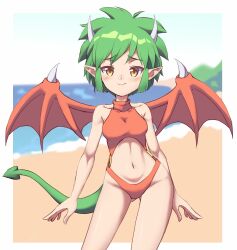 Rule 34 | 1girl, absurdres, breasts, draco centauros, dragon girl, dragon horns, green hair, highres, horns, legs, looking at viewer, madou monogatari, medium breasts, navel, one-piece swimsuit, pointy ears, puyopuyo, sega, short hair, smile, solo, swimsuit, thighs, yellow eyes
