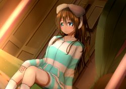 Rule 34 | 1girl, aqua eyes, artist name, artist request, bare legs, bed, bedroom, blue eyes, blush, bow, breasts, brown hair, door, female focus, hair between eyes, hair bow, hair over shoulder, hairband, highres, indoors, jacket, long hair, looking at viewer, love live!, love live! nijigasaki high school idol club, nail, nail polish, on bed, osaka shizuku, parted lips, pink nails, short shorts, shorts, sitting, small breasts, smile, solo, striped clothes, striped jacket, striped shorts, white bow, white hairband, white legwear, zipper