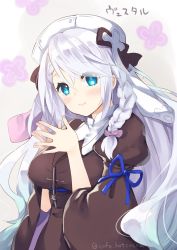 Rule 34 | 1girl, azur lane, blue eyes, blush, braid, breasts, character name, cocoa (cafe-hotcocoa), dress, hair ribbon, hat, highres, large breasts, long hair, looking at viewer, ribbon, smile, solo, steepled fingers, thighhighs, very long hair, vestal (azur lane), white hat