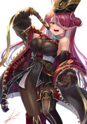 Rule 34 | 1girl, :d, bare shoulders, belt, black leotard, boots, breasts, brooch, brown gloves, brown pantyhose, cleavage, covered navel, detached collar, folding fan, gloves, hair bun, hair over one eye, hand fan, hat, highres, hololive, houshou marine, houshou marine (marching band), jacket, jacket partially removed, jewelry, large breasts, leotard, multicolored hair, official alternate costume, open mouth, pantyhose, reaching, reaching towards viewer, red hair, see-through, see-through cleavage, shako cap, signature, simple background, single hair bun, smile, solo, streaked hair, thigh boots, virtual youtuber, white background, white hair, yam (yam6056), yellow eyes