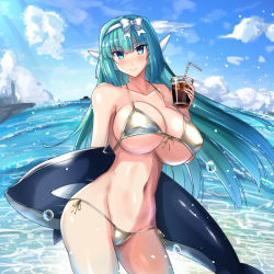 Rule 34 | 1girl, aqua hair, bikini, blue eyes, blue sky, blush, breasts, closed mouth, cloud, cloudy sky, covered erect nipples, cowboy shot, cup, day, gippo, holding, holding cup, large breasts, long hair, looking at viewer, navel, ocean, original, outdoors, robot ears, side-tie bikini bottom, sky, smile, solo, swimsuit, tagme