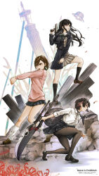 3girls aiming_up ayase_momo black_hair black_jacket black_pantyhose black_shoes black_skirt boulder brown_hair brown_jacket brown_shoes brown_skirt building climbing collared_shirt commentary crossed_bangs crossover dandadan dress_shirt ellen_joe eto_384 fighting_stance film_grain floating_hair flower gun handgun highres holding holding_gun holding_polearm holding_weapon inoue_takina jacket kneehighs loafers long_hair long_sleeves loose_socks lycoris_recoil messy_hair multicolored_hair multiple_girls pantyhose pendant_earring pink_sweater pleated_skirt polearm reaching red_streaks rock school_uniform shirt shoes short_hair skirt sleeves_rolled_up socks spider_lily standing steel_beam streaked_hair sweater ufo voice_actor_connection weapon white_shirt white_socks wind zenless_zone_zero