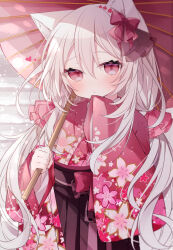 Rule 34 | 1girl, :o, animal ear fluff, animal ears, blush, bow, brown hakama, commentary request, floral print, fox ears, grey hair, hair between eyes, hair bow, hakama, hakama skirt, highres, holding, holding umbrella, japanese clothes, kimono, long sleeves, looking at viewer, oil-paper umbrella, original, parted lips, print kimono, red bow, red kimono, red umbrella, ringouulu, skirt, sleeves past fingers, sleeves past wrists, snow, solo, twitter username, umbrella, wide sleeves