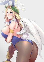 Rule 34 | 1girl, animal ears, armlet, ass, backless leotard, bare shoulders, bent over, blonde hair, blue bow, blue eyes, blue leotard, blush, bow, bowtie, braid, braided ponytail, breast hold, breasts, brown pantyhose, clash kuro neko, closed mouth, commentary, cowboy shot, detached collar, fake animal ears, fake tail, feathered wings, flying sweatdrops, forehead, from behind, green eyes, half-closed eyes, halo, hand up, highres, huge breasts, leotard, long hair, looking at viewer, looking back, no bra, original, pantyhose, playboy bunny, rabbit tail, red bow, red bowtie, scrunchie, shadow, sideboob, simple background, smile, solo, strapless, strapless leotard, sweatdrop, tail, thighs, very long hair, white background, white wings, wings, wreath, wrist cuffs