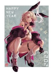 Rule 34 | 2023, absurdres, animal ears, apt, bikini, black coat, black gloves, blonde hair, boots, braid, breast strap, breasts, chinese zodiac, cigarette, coat, gloves, happy new year, high heel boots, high heels, highres, large breasts, legs, long legs, loose socks, new year, nontraditional playboy bunny, open clothes, open coat, patterned background, piercing, pink trim, rabbit ears, red eyes, short hair, side braid, smoking, socks, squatting, swimsuit, thick thighs, thigh strap, thighs, white bikini, year of the rabbit
