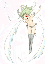 Rule 34 | 1girl, angel, armband, flat chest, flying, gloves, green hair, halo, nipples, panties, red eyes, solo, taropun, thighhighs, topless, underwear, wings