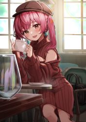 Rule 34 | 1girl, :d, alternate costume, bag, blush, breasts, brown hat, cabbie hat, chair, cleavage cutout, clothing cutout, commentary, cup, day, earrings, feet out of frame, handbag, hat, heterochromia, highres, holding, holding cup, hololive, houshou marine, indoors, jewelry, long hair, looking at viewer, medium breasts, meme attire, necklace, open-chest sweater, open mouth, red eyes, red hair, red sweater, ribbed sweater, shoulder cutout, sitting, smile, solo, soyoghi, sunlight, sweater, table, teacup, twintails, virtual youtuber, window, yellow eyes