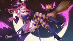 Rule 34 | 1girl, bewitching janna, boots, breasts, broom, cleavage, glasses, hat, high heel boots, high heels, highres, hollow eyes, jack-o&#039;-lantern, janna (league of legends), league of legends, moon, pink hair, pointy ears, pumpkin, solo, star (sky), striped clothes, striped thighhighs, thighhighs, witch hat