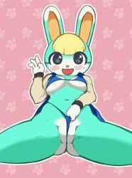 Rule 34 | 1girl, animal crossing, animal nose, aqua fur, asymmetrical breasts, bikini, blonde hair, blue bikini, blush, body fur, breasts, cleft of venus, cowboy shot, female focus, frontal wedgie, furry, furry female, genderswap, genderswap (mtf), green eyes, hand up, happy, highleg, highleg bikini, highres, hitmanatee, jacket, leaning back, long sleeves, looking at viewer, medium breasts, navel, nintendo, open clothes, open jacket, open mouth, outline, partially visible vulva, paw print, paw print background, pink background, rabbit ears, rabbit girl, sasha (animal crossing), self wedgie, short hair, simple background, sitting, smile, solo, spread legs, stomach, straight-on, string bikini, swimsuit, two-tone fur, waving, white fur, white outline, yellow jacket