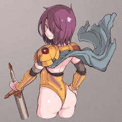 Rule 34 | 1girl, armor, ass, back, cape, commentary request, cropped legs, detached sleeves, es (eisis), grey background, grey cape, hair over one eye, hand on own hip, highres, holding, holding sword, holding weapon, leotard, looking at viewer, looking back, milli yorks, purple eyes, purple hair, rance (series), short hair, shoulder armor, simple background, smile, solo, sword, weapon, yellow leotard