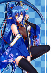 Rule 34 | 1girl, blue hair, katana, konshin, long hair, orange eyes, pointy ears, ponytail, solo, source request, sword, thighhighs, weapon