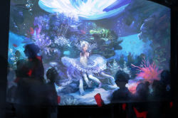 Rule 34 | aquarium, bare shoulders, barefoot, blurry, bubble, chibi (shimon), coral, depth of field, dress, elbow gloves, floating hair, gloves, highres, long hair, original, own hands clasped, own hands together, silhouette, solo focus, strapless, thighhighs, tutu, underwater, white hair