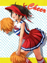 Rule 34 | 1girl, bare shoulders, copyright request, female focus, g yukishiro, hat, looking at viewer, miniskirt, petite, pleated skirt, ponytail, red hat, red skirt, red socks, short ponytail, skirt, sleeveless, smile, socks, solo, sweat, uniform, upper body