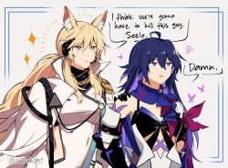 Rule 34 | 2girls, ahoge, animal ear fluff, animal ears, arknights, bare shoulders, blonde hair, breasts, cape, colored inner hair, commentary, dress, english text, hand on another&#039;s shoulder, honkai: star rail, honkai (series), horse ears, i think we&#039;re gonna have to kill this guy steven (meme), long hair, medium breasts, meme, multicolored hair, multiple girls, natsuki (2917), nearl (arknights), nearl the radiant knight (arknights), open mouth, parted lips, purple eyes, purple hair, purple scarf, scarf, seele (honkai: star rail), symbol-only commentary, upper body, very long hair, white cape, white dress, yellow eyes