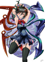 Rule 34 | 1girl, arms up, asymmetrical wings, black dress, black hair, black thighhighs, blue wings, bow, bowtie, center frills, commentary request, dress, footwear bow, frilled dress, frills, garter straps, hair between eyes, highres, holding, holding weapon, houjuu nue, looking at viewer, medium hair, navel, polearm, red bow, red bowtie, red eyes, red footwear, red wings, short dress, signature, sleeveless, sleeveless dress, smile, snake, solo, sparkling eyes, teeth, thighhighs, touhou, trident, weapon, wings, wristband, yokochou