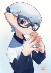 Rule 34 | 1boy, black-framed eyewear, blue background, closed mouth, commentary request, glasses, gradient background, highres, hiko0v0, inkling, inkling boy, inkling player character, nintendo, orange eyes, own hands together, short hair, simple background, solo, splatoon (series), two-tone background, upper body, white background, white hair