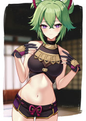 Rule 34 | 1girl, absurdres, bare arms, bare shoulders, black gloves, black nails, blurry, blurry background, body markings, breasts, closed mouth, cowboy shot, crop top, crossed bangs, fishnets, genshin impact, gloves, gold trim, green hair, hair between eyes, hands up, high ponytail, highres, kuki shinobu, light smile, looking at viewer, medium breasts, midriff, nail polish, nassss, navel, no jacket, no mask, partially fingerless gloves, purple eyes, rope, shimenawa, shirt, short hair, short shorts, shorts, sleeveless, sleeveless shirt, solo, stomach, turtleneck, twitter username