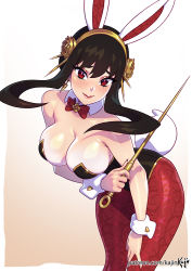 Rule 34 | 1girl, animal ears, bare shoulders, black hair, blush, breasts, cleavage, closed mouth, earrings, fake animal ears, floral print, holding, holding weapon, jewelry, kajin (kajinman), large breasts, leotard, long hair, looking at viewer, pantyhose, playboy bunny, rabbit tail, red eyes, rose print, sidelocks, smile, spy x family, strapless, strapless leotard, tail, thighs, weapon, wrist cuffs, yor briar