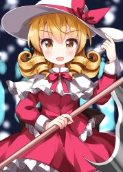 Rule 34 | 1girl, :d, blonde hair, blurry, blurry background, capelet, cowboy shot, drill hair, drill sidelocks, elly (touhou), forest, frilled capelet, frilled shirt, frilled skirt, frills, hand on headwear, hat, hat ribbon, highres, holding, holding scythe, long sleeves, looking at viewer, nature, open mouth, red eyes, red ribbon, red shirt, red skirt, ribbon, ruu (tksymkw), scythe, shirt, short hair, sidelocks, skirt, smile, standing, touhou, touhou (pc-98), v-shaped eyebrows, white capelet, white headwear, yellow eyes