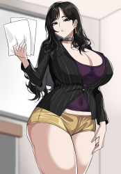 Rule 34 | 1girl, black hair, black jacket, blurry, blurry background, breasts, choker, cleavage, commentary, covered navel, earrings, hella p, highres, holding, holding paper, huge breasts, indoors, jacket, jewelry, long hair, long sleeves, looking at viewer, makeup, mole, mole under eye, mole under mouth, original, paper, parted lips, purple shirt, shirt, short shorts, shorts, solo, symbol-only commentary, yellow shorts