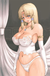 Rule 34 | 1girl, armlet, bad id, bad pixiv id, bare shoulders, blonde hair, breasts, bustier, corset, covered erect nipples, curtains, elbow gloves, gloves, hair tubes, ishida masayuki, jewelry, large breasts, lingerie, navel, necklace, open mouth, original, panties, skindentation, solo, sweat, tiara, underwear