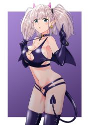 Rule 34 | 1girl, adjusting clothes, adjusting swimsuit, atlanta (kancolle), bikini, black bikini, black choker, black gloves, black thighhighs, black wings, blue eyes, blush, breasts, choker, cleavage, cleavage cutout, clothing cutout, commentary, cowboy shot, crotch cutout, demon horns, demon tail, demon wings, earrings, elbow gloves, english commentary, gloves, hair tie, halloween, halloween costume, highres, horns, index finger raised, jack-o&#039;-lantern, jack-o&#039;-lantern earrings, jewelry, kantai collection, large breasts, looking at viewer, medium hair, mikan 29344886, mixed-language commentary, multi-strapped bikini, navel, o-ring, o-ring bikini, open mouth, outside border, pointy ears, purple background, purple horns, silver hair, skindentation, solo, standing, swimsuit, tail, thighhighs, twintails, wings