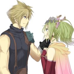 Rule 34 | 1boy, 1girl, armor, blonde hair, blue eyes, bracelet, cape, cloud strife, crossover, dango (ff iraira), dissidia 012 final fantasy, dissidia final fantasy, dress, earrings, elbow gloves, final fantasy, final fantasy vi, final fantasy vii, fingerless gloves, gloves, green hair, hair ribbon, hands on own chest, headpat, jewelry, looking at another, pauldrons, ponytail, red dress, ribbon, shoulder armor, sleeveless, sleeveless sweater, sleeveless turtleneck, smile, spiked hair, square enix, suspenders, sweater, tina branford, turtleneck