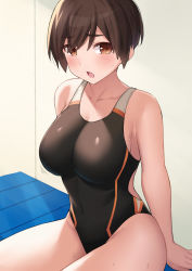 Rule 34 | 1girl, arms behind back, black one-piece swimsuit, blush, breasts, brown eyes, brown hair, cccpo, collarbone, competition swimsuit, covered navel, female focus, highres, huge breasts, indoors, large breasts, looking at viewer, motion lines, one-piece swimsuit, open mouth, original, pixie cut, short hair, sitting, solo, sweat, swimsuit, textless version, tomboy
