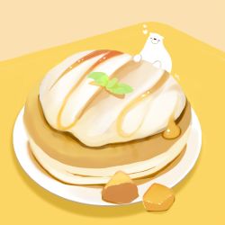 Rule 34 | animal, bear, chai (drawingchisanne), commentary request, cream, food, heart, looking at viewer, mango, mint, no humans, on food, original, pancake, plate, polar bear, signature, simple background, syrup, undersized animal