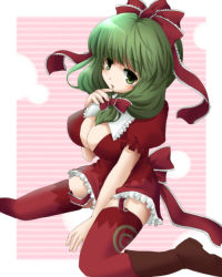 Rule 34 | 1girl, boots, bow, breasts, cleavage, female focus, finger to mouth, front ponytail, garter belt, green eyes, green hair, hair bow, kagiyama hina, large breasts, matching hair/eyes, ribbon, ruin (lv43), shia (lv43), sitting, solo, thighhighs, touhou, wariza