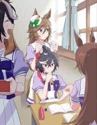 Rule 34 | 4girls, ahoge, animal ears, aqua eyes, artist name, black hair, blue eyes, book, brown hair, closed eyes, closed mouth, commentary request, curtains, desk, ear covers, ear ornament, eraser, hair between eyes, hair ornament, hairclip, hat, highres, holding, holding book, holding pen, horse ears, horse girl, indoors, katsuragi ace (umamusume), long hair, medium hair, mini hat, mini top hat, mr. c.b. (umamusume), mr (llwis41), mukakin, multicolored hair, multiple girls, notebook, open book, open mouth, pen, pencil case, playing with another&#039;s ears, ponytail, school desk, sirius symboli (umamusume), smile, streaked hair, symboli rudolf (umamusume), tassel, tassel hair ornament, thinking, tilted headwear, top hat, umamusume, whistling, white hair, white headwear, window, windowsill