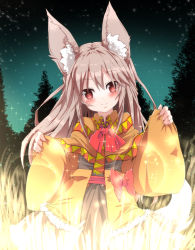 Rule 34 | 1girl, animal ears, blush, bow, brown hair, capelet, fox ears, fox tail, glowing, heart, heart-shaped pupils, long hair, looking at viewer, nature, night, noa (nagareboshi), original, red eyes, sash, sky, smile, solo, star (sky), starry sky, symbol-shaped pupils, tail, wide sleeves