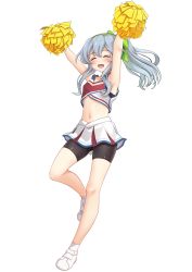 Rule 34 | 1girl, absurdres, alternate costume, arms up, bike shorts, black shorts, braid, cheerleader, closed eyes, crop top, crop top overhang, full body, green ribbon, highres, holding, holding pom poms, kantai collection, long hair, makura (y makura), midriff, miniskirt, pleated skirt, pom pom (cheerleading), pom poms, ponytail, ribbon, shirt, shoes, shorts, shorts under skirt, sidelocks, simple background, single braid, skirt, sleeveless, sleeveless shirt, sneakers, solo, standing, standing on one leg, transparent background, wavy hair, white background, white footwear, white skirt, yamagumo (kancolle)