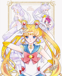 Rule 34 | 4girls, bishoujo senshi sailor moon, bishoujo senshi sailor moon (first season), bishoujo senshi sailor moon sailor stars, bishoujo senshi sailor moon stars, blonde hair, blue eyes, blue sailor collar, blue skirt, bow, brooch, cape, chibi chibi, choker, closed eyes, crescent, crescent facial mark, dated, double bun, dress, dual persona, earrings, elbow gloves, facial mark, gloves, hair bun, hair ornament, hairpin, happy birthday, heart hair bun, jewelry, long hair, looking at viewer, multiple girls, pleated skirt, princess serenity, red bow, red hair, sailor chibi chibi, sailor collar, sailor cosmos, sailor moon, sailor senshi, short hair, signature, skirt, smile, star (symbol), star facial mark, tiara, tsukino usagi, twintails, v, white background, white choker, white dress, white gloves, white hair, white skirt, yukinami (paru26i)