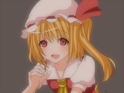 Rule 34 | 1girl, blonde hair, female focus, flandre scarlet, hat, hidari (coletica), mob cap, no nose, open mouth, pinky out, red eyes, sexually suggestive, side ponytail, smile, solo, touhou