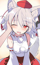 Rule 34 | 1girl, animal ear fluff, animal ears, bare shoulders, blush, breasts, detached sleeves, e.o., frilled skirt, frills, hand on another&#039;s cheek, hand on another&#039;s face, hat, highres, inubashiri momiji, long sleeves, looking at viewer, medium breasts, one eye closed, open mouth, pom pom (clothes), red eyes, red hat, red skirt, skirt, solo, tail, tokin hat, touhou, white hair, wide sleeves, wolf ears, wolf tail
